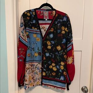 Johnny Was Multicolor Floral Patchwork Button-Up Silk Blouse